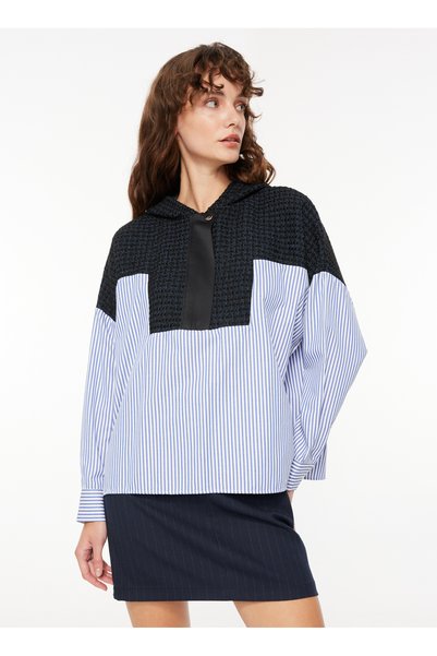 Hooded Collar Striped Navy Blue Women's Blouse F3Wl-Blz4