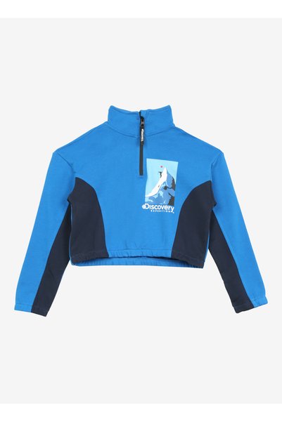 Cobalt Blue Girl's Stand Collar Crop Printed Sweatshirt D3Wg-Swt22