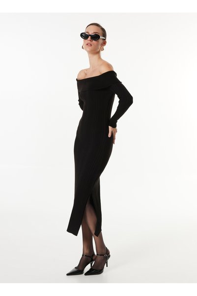 Black Strapless Neckline Ribbed Midi Women's Dress Fc3Wl-Elb19