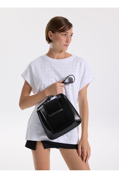 Black Women's 25.5X22X7 cm Shoulder Bag Shiny-Versoy