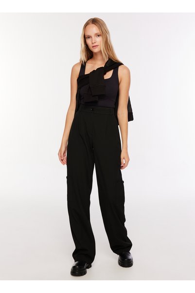 High Waist Loose Cut Black Women's Pants F3Wl-Pnt4