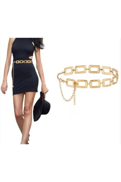 Women's gold patterned square detail body & waist & dress & skirt & pants chain belt trend model