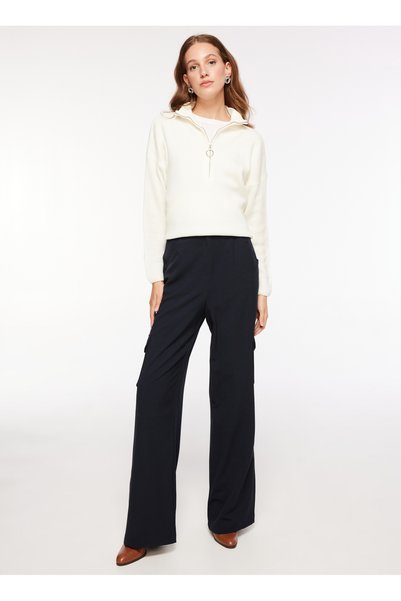 Low Waist Loose Fit Navy Blue Women's Trousers F3Wl-Pnt21