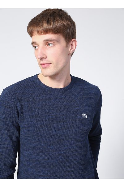 Crew Neck Regular Fit Plain Blue Men's Sweater L212149400_Knitwear Crew Neck