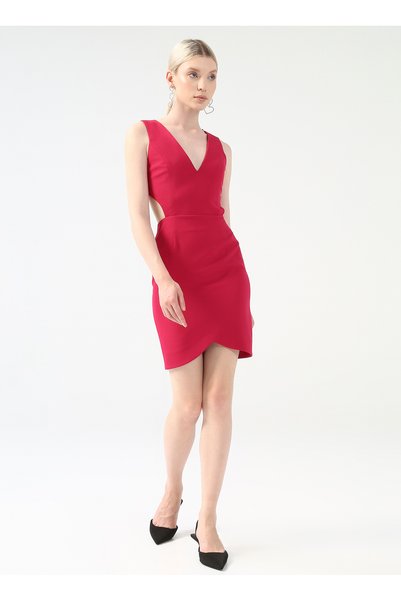 V-Neck Plain Fuchsia Mini Women Dress Ymn-23