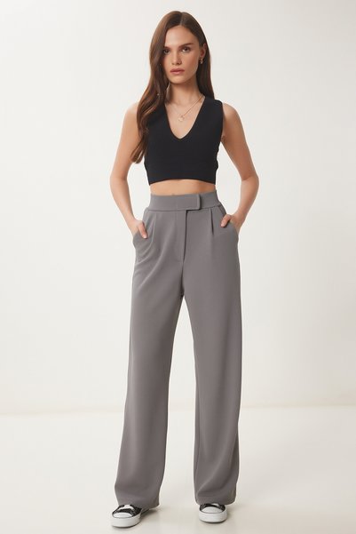 Comfortable Palazzo Trousers with Velcro Waist Smoked Lrv0003