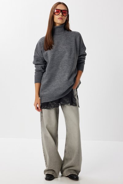 Turtleneck Oversize Knitwear Sweater Gray Lbv0011