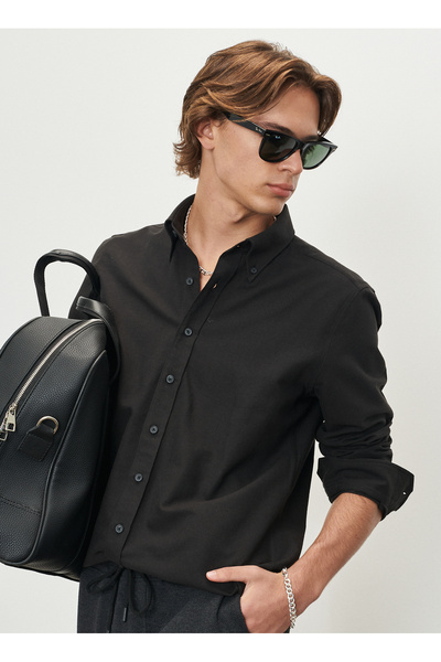 Slim Fit Button Collar Oxford Black Men's Shirt 4A2000000050