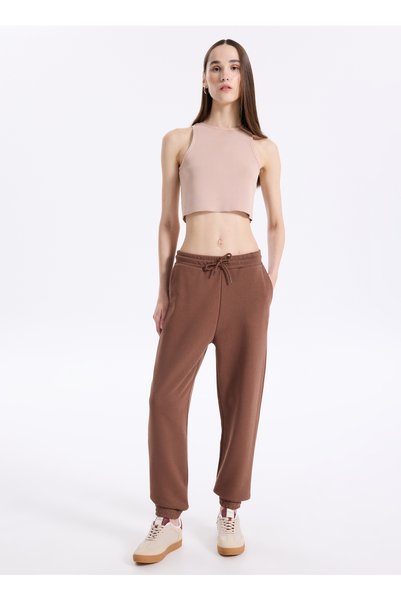 High Waist Elastic Brown Women's Sweatpants - Fıka
