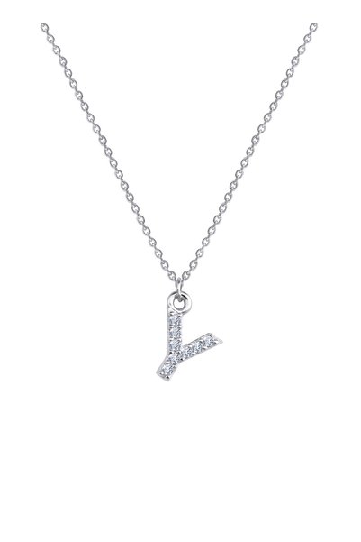 Rhodium Plated over Sterling Silver Letter Y Necklace with Rhinestone