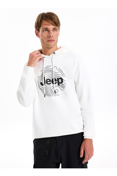 Hooded Collar Printed Ecru Men's Sweatshirt J5Wm-Swt7695