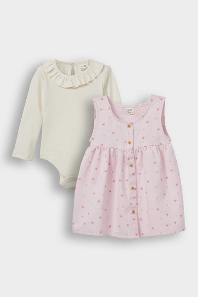 2-Piece Set Snap-Button Long-Sleeve Bodysuit Heart Patterned Dress Baby Girl F4636A525AU