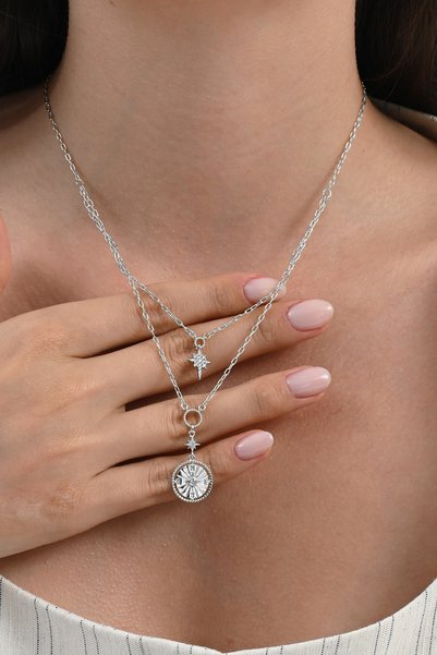925 Sterling Silver Rhodium Plated Zircon Stone Compass Star Silver Necklace Sgtl13093Rodaj