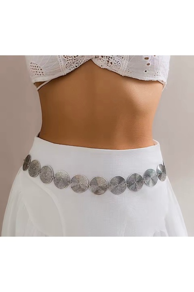 Women's Silver Round Spiral Detailed Body & Waist & Dress & Skirt & Pants Chain Belt Trendy Model