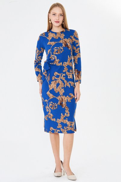 Women's Blue-Beige Crew Neck Side Tie Bodycon Midi Length Lycra Dress Arm-26K001001
