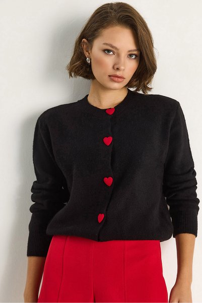 Women's Black Heart Buttoned Knitwear Cardigan 241075 60261233