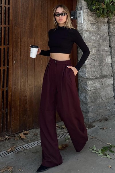 Burgundy 3 Pleated High Waist Pocketed Wide Leg Women's Palazzo Pants