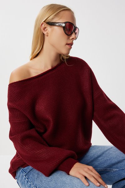 Open Shoulder Wool Blend Oversize Sweater Li̇y0001 Bordo