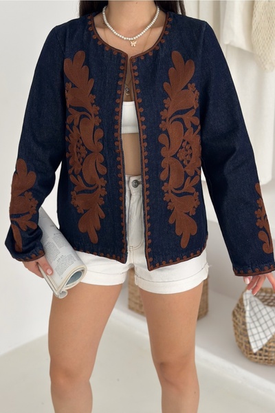 Women's Navy Blue Vintage Embroidered Jeans Denim Jacket