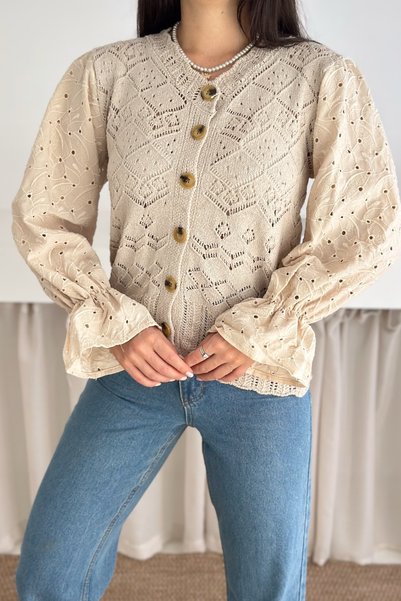 Beige Fisto Lace Detailed Buttoned Knitwear Cardigan Standard Size