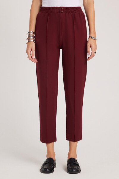 Women's Relax Fit Comfortable Cut High Waist Straight Leg Elastic Waistband Burgundy Trousers