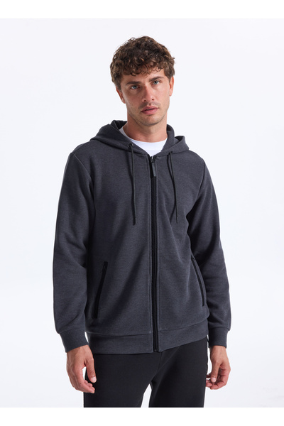 D5Wm-Swt3536 Anthracite Melange Hooded Collar Relaxed Printed Men's Sweatshirt