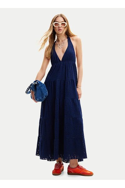 V-Neck Plain Navy Blue Long Women's Dress 24Swvk46