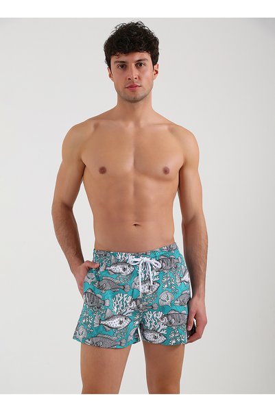Green Men's Shorts Swimwear White Fish
