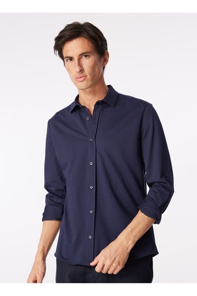 Basic Shirt Collar Plain Navy Blue Men's Shirt F4Sm-Gml 0704