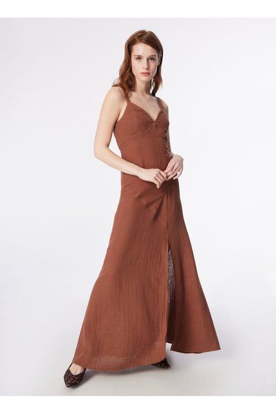 Brown Women's V-Neck Basic Dress F4Sl-Elb0852