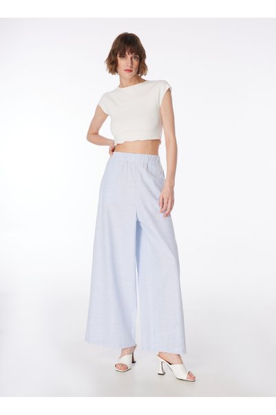 Blue - White Women's Elastic Waist Loose Fit Striped Pants Fc4Sl-Pnt0141