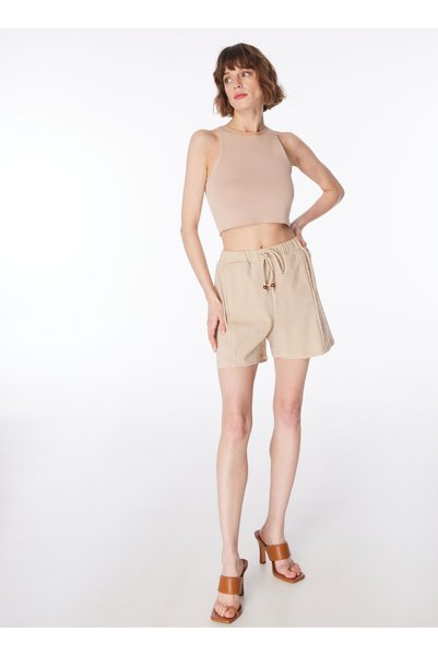 Elastic Waist Basic White - Beige Women's Shorts F4Sl-Sht0815