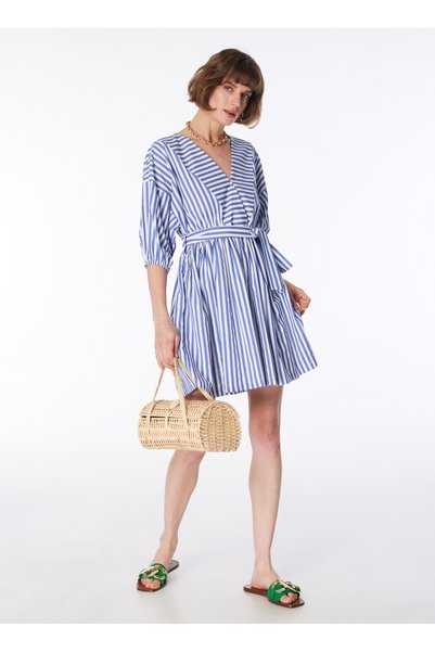 White - Navy Blue Women's V-Neck Dress F4Sl-Elb0130