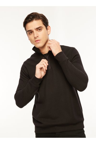 Bato Collar Plain Black Men's Sweatshirt Fc3Wm-Swt325