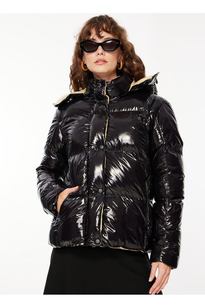 Black Women's Hooded Basic Quilted Coat Fc3Wl-Mnt4