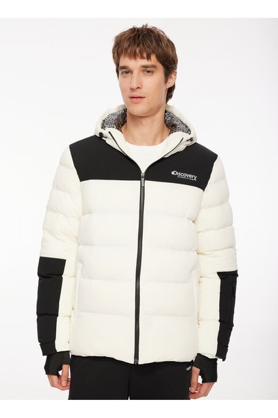 White - Black Men's Hooded Collar Relaxed Fit Quilted Ski Jacket D3Wm-Mnt1