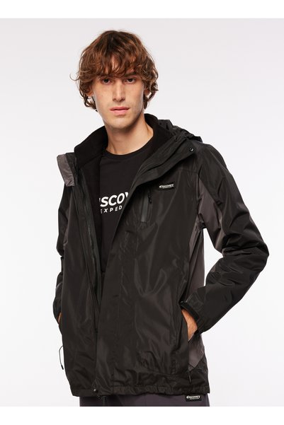 Black - Anthracite Men's Hooded Collar Standard Fit Block Patterned Coat D3Wm-Mnt15
