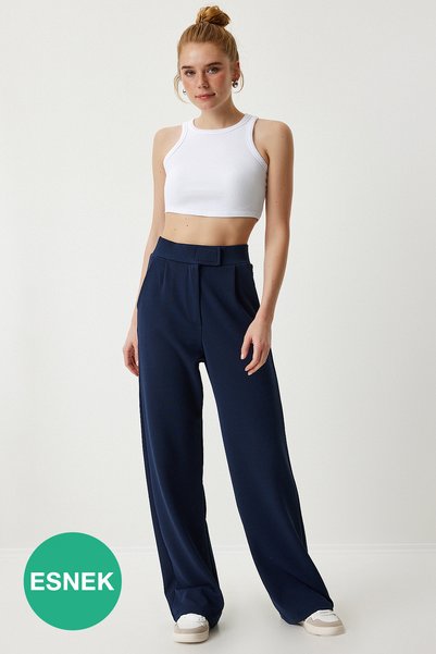 Comfortable Palazzo Trousers with Velcro Waist Dark Blue Lrv0003