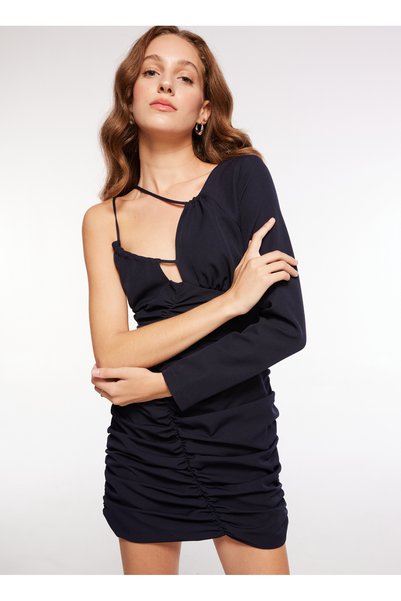 One Shoulder Neck Straight Navy Blue Mini Women's Dress F3Wl-Elb8