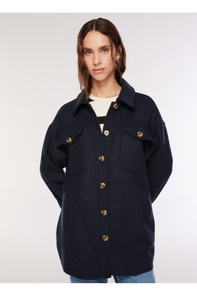 Wide Fit Shirt Collar Plain Navy Blue - Gray Women's Shirt F3Wl-Gml6