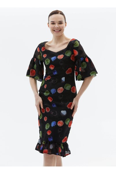 U Collar Polka Dot Black Standard Women's Dress 23Ysl7261