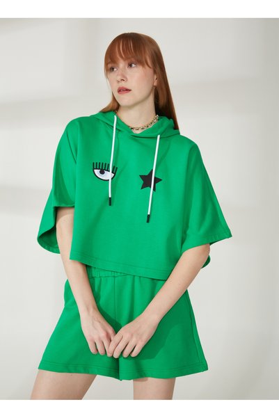 Hooded Collar Printed Green Women's Sweatshirt 74Cbit09