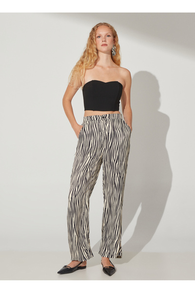 Elastic Waist Wide Fit Black - White Women's Trousers Jenes