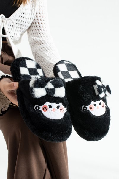 Winter Women's Slippers with Black Bow Tie and Plush Toys