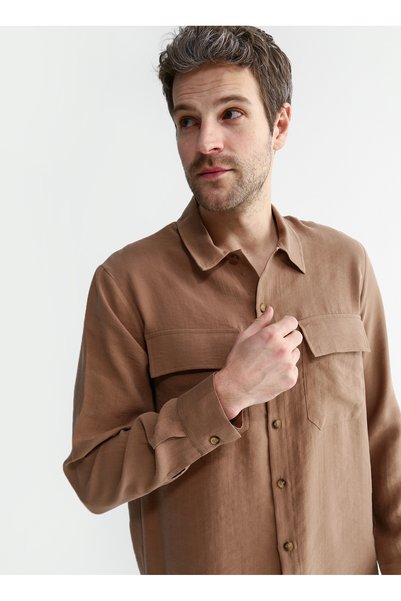Basic Jacket Collar Plain Brown Men's Shirt Yokas