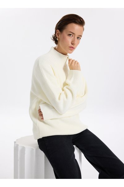 Zippered Collar Plain Ecru Women's Sweater Katten