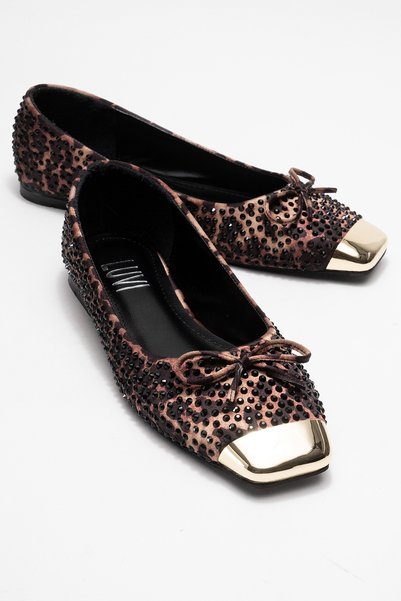 Abra Black and Yellow Patterned Stone Bow Women's Ballerina Shoes