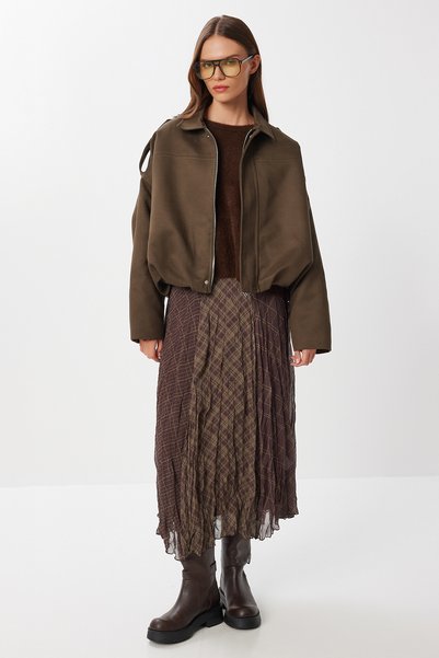 Patterned Wrinkled Effect Midi Chiffon Skirt Lns0088 Brown Khaki
