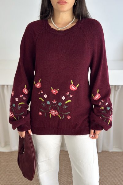 Women's Burgundy Floral Embroidered Knitwear Sweater Standard Size Balloon Sleeve