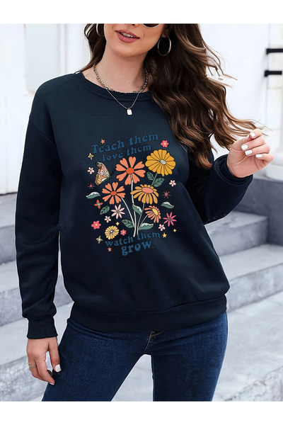 Unisex Teach Them Love Them Printed Oversize Crew Neck Sweatshirt